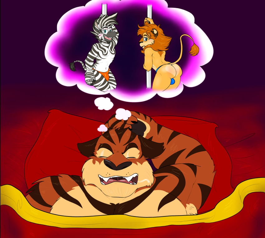 absurd_res alakay_alex anthro arched_back ass athletic bed bedding bedroom biceps black_stripes blanket blue_eyes blush bodily_fluids bulge claws clothed clothing countershading dancing detailed_bulge dream dreamworks drooling duo_focus equid equine fangs felid fur furniture genital_outline group hair half-closed_eyes handpaw hi_res lion lion_boy lion_ears lion_humanoid lion_tail long_taglist looking_back madagascar_(series) madagascar_3_europe's_most_wanted male male_only male_stripper mammal mane marty_the_zebra mohawk muscular muscular_male narrowed_eyes nood1e notched_ear on_bed orange_body orange_fur orange_hair pantherine paramount_pictures pawpads paws pecs penis_outline pillow pole pole_dancing presenting presenting_hindquarters raised_tail saliva skimpy sleeping slim smile striped_body stripes stripper stripper_pole tail_tuft teeth thong tiger tiger_ears tiger_humanoid tiger_stripes topless topless_anthro topless_male tuft under_covers underwear vitaly_the_tiger wet_dream white_body white_fur yellow_body yellow_fur zebra zebra_ears zebra_print zebra_tail