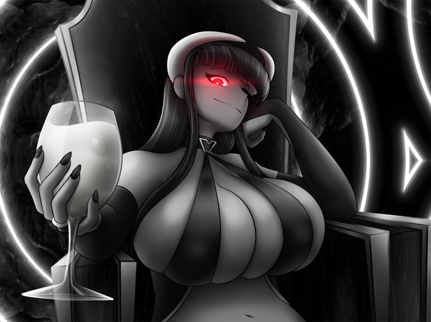 1girls abstract_background bangs belly belly_button big_breasts black_hair black_nails breasts breasts_bigger_than_head choker cleavage cum cum_chalice cum_in_glass demon demon_girl fingerless_gloves four_eyes_(artist) glowing_eyes hand_on_cheek horns huge_breasts leaning_back long_gloves long_hair looking_at_viewer naughty_face nipple_bulge oblivionfall outstretched_arm phalia raised_eyebrow red_eyes seductive_look seductive_smile sitting skindentation smile solo_female solo_focus steamy_cum succubus tight_clothing wine_glass