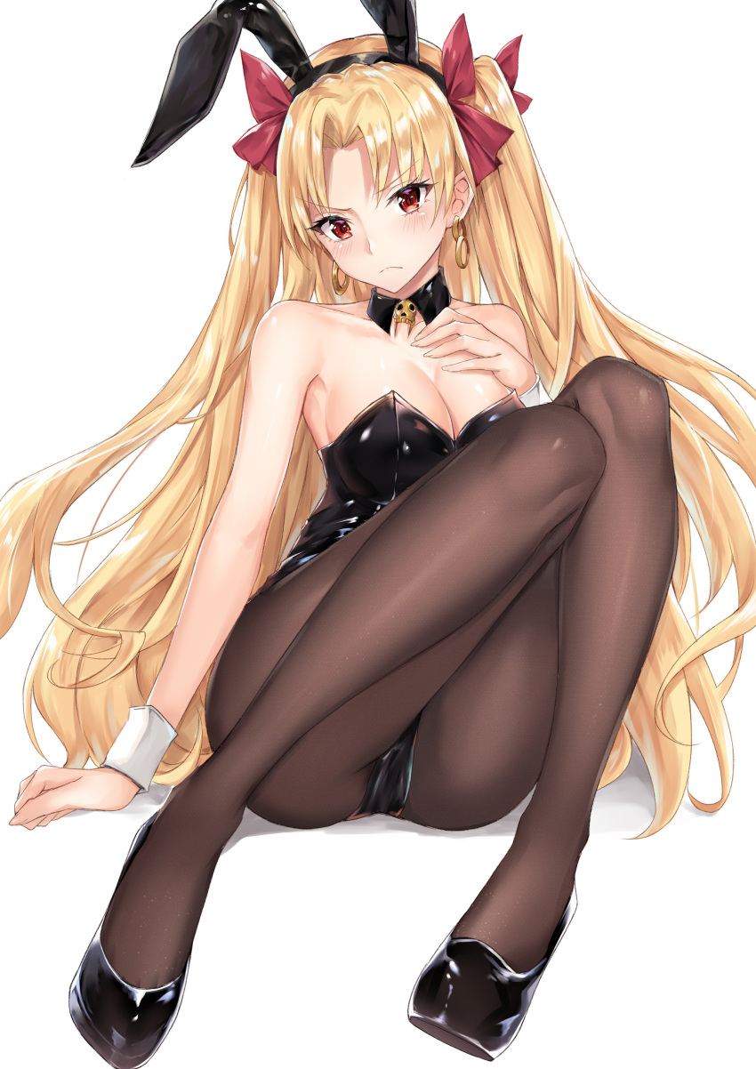 animal_ears black_footwear black_hair_ornament black_hairband black_legwear black_leotard bow breasts bunny_ears bunny_girl bunnysuit choker clavicle cleavage coffeedog earrings ereshkigal_(fate) eyebrows_visible_through_hair fate/grand_order fate_(series) female female floating_hair full_body hair_ornament hairband hairbow head_tilt high_resolution jewelry leotard long_hair looking_at_viewer medium_breasts pantyhose pumps red_bow red_eyes shiny shiny_hair simple_background sitting solo striped_leotard tagme tied_hair twintails two_side_up very_high_resolution very_long_hair white_background wrist_cuffs