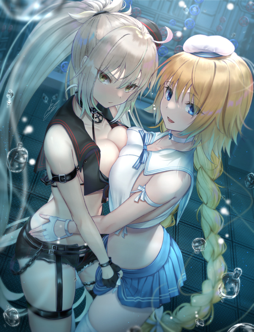 2girls ahoge air_bubble bangs bare_shoulders bikini black_gloves blonde_hair blue_eyes blush braid breast-to-breast breast_press breasts bubble clavicle cleavage clothes_pull clothing dark_persona duo fate/apocrypha fate/grand_order fate_(series) female fingerless_gloves gakuon_(gakuto) gakuto garter gloves grin high_resolution jeanne_alter jeanne_d'arc_(alter) jeanne_d'arc_(fate) large_breasts long_braid long_hair looking_at_viewer microskirt multiple_girls mystery_treasure navel no_bra open_clothes open_mouth open_shirt patreon_username pixiv_id_3549306 ponytail school_uniform shirt silver_hair single_braid skirt skirt_lift skirt_pull smile swimsuit symmetrical_docking tagme thighhighs thighs tied_hair torn_clothes underwater uniform very_long_hair white_gloves white_hair yellow_eyes