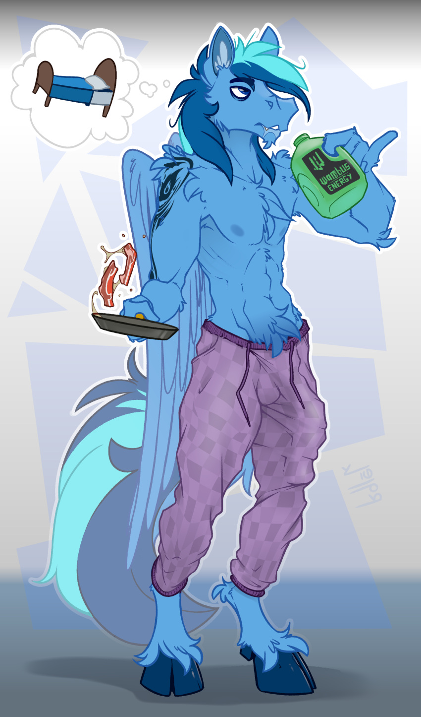 2021 5_fingers absurd_res anthro areola athletic athletic_anthro athletic_male bacon bed beverage biped blue_body blue_eyes blue_fur blue_hair bottomwear bulge cheek_tuft chest_tuft clothed clothing cloven_hooves cooking crotch_tuft detailed_bulge digital_media_(artwork) ear_tuft elbow_tufts energy_drink equid equine eyebrow_through_hair eyebrows facial_tuft fan_character fangs feathered_wings feathers fetlocks fingers food fur furniture genital_outline hair hasbro hi_res hooves inner_ear_fluff looking_up male mammal meat my_little_pony navel pan pants pegasus penis_outline ralek shoulder_tuft solo tattoo thinking thought_bubble tired topless translucent translucent_hair tuft umami_stale wings