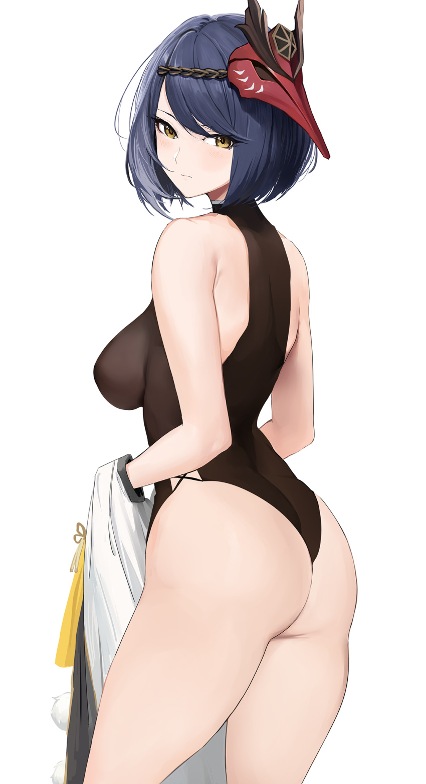 1girls ass barefoot black_hair breasts female female_only genshin_impact hi_res human knatb kujou_sara leotard looking_at_viewer mask mask_on_head medium_breasts short_hair sideboob skin_tight thick_thighs yellow_eyes