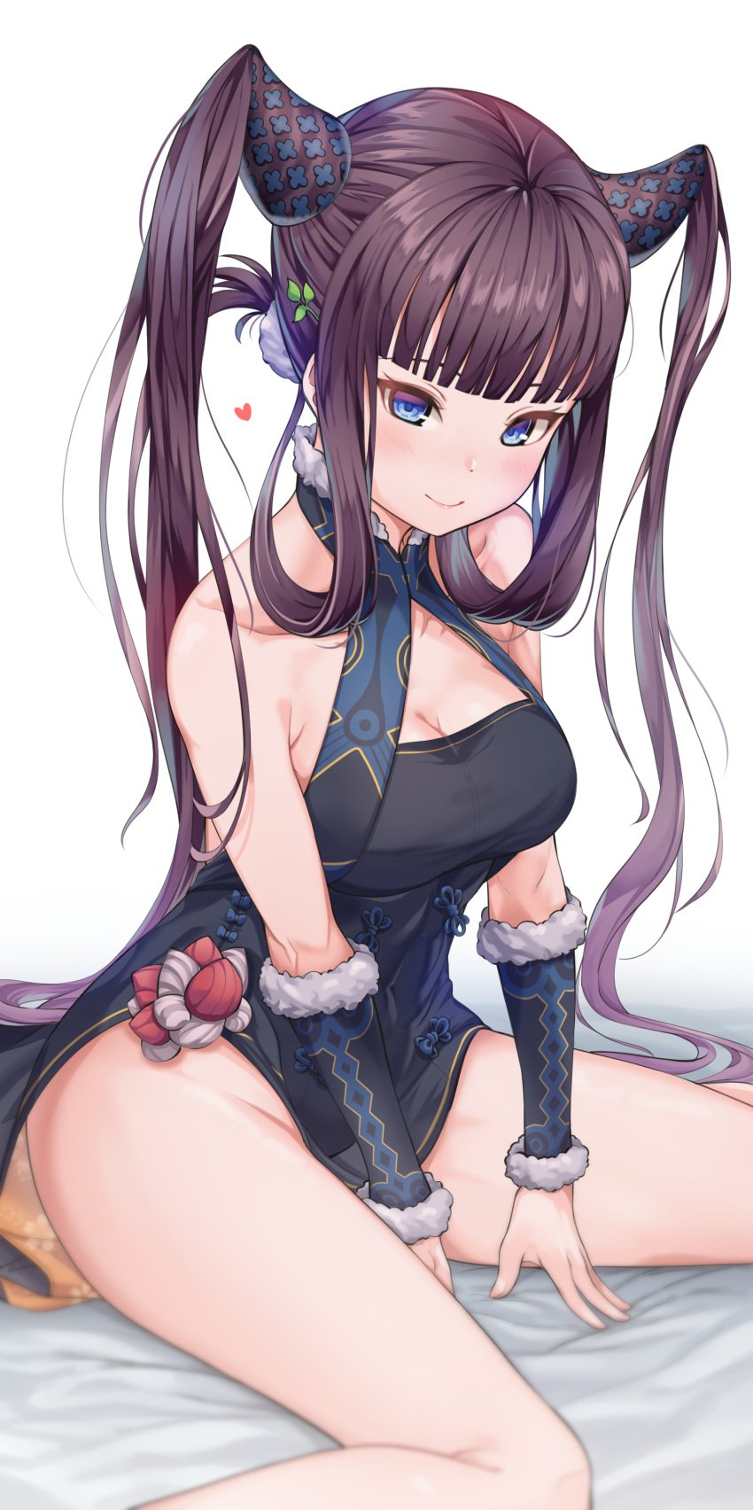 bangs bare_shoulders black_dress blue_eyes blunt_bangs blush breasts china_dress chinese_clothes cleavage closed_mouth detached_sleeves dress fate/grand_order fate_(series) female hair_ornament heart high_resolution large_breasts leaf_hair_ornament long_hair looking_at_viewer simple_background sitting smile sodmango solo tagme thighs tied_hair twintails very_high_resolution very_long_hair wariza white_background yang_guifei_(fate) yang_guifei_(fate/grand_order)