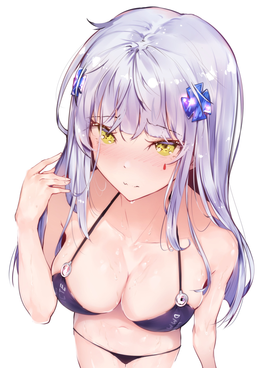 bangs bikini black_bikini black_swimsuit blunt_bangs blush breasts clavicle cleavage eyebrows_visible_through_hair facial_mark female foreshortening girls'_frontline golden_eyes green_eyes hair_ornament hand_up high_resolution hk416_(girls'_frontline) hplay large_breasts long_hair looking_at_viewer medium_breasts navel pixiv_id_13244881 sidelocks silver_hair simple_background smile solo swimsuit teardrop viewed_from_above wet white_background white_hair yellow_eyes