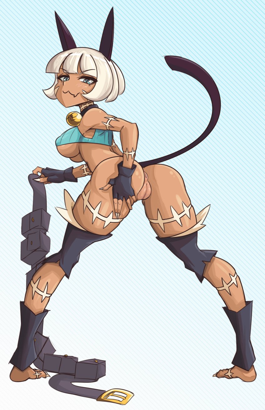 1girls 5_fingers animal_ears animal_humanoid anus ass back bent_over blue_eyes cat_ears cat_humanoid cat_tail catgirl collar dark-skinned_female dark_skin decensored eyebrows eyebrows_visible_through_hair eyelashes felid felid_humanoid feline feline_humanoid felis female female_only fingerless_gloves fingernails functionally_nude genitals gloves hair humanoid humanoid_genitalia humanoid_hands humanoid_pussy konaloid long_fingernails looking_at_viewer looking_back nadia_fortune pixelkebab presenting presenting_anus presenting_ass presenting_butt presenting_hindquarters presenting_pussy presenting_vagina pussy scar sharp_fingernails short_hair skullgirls tail third-party_edit uncensored underboob vagina video_games white_hair wide_hips yellow_background