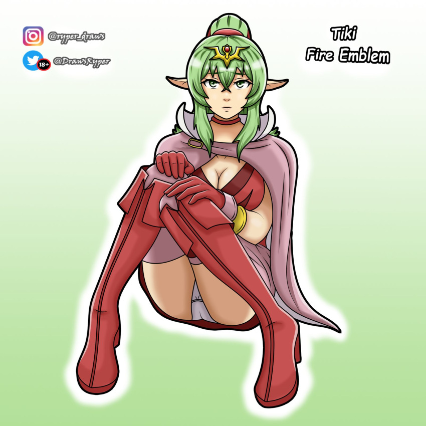 1girls ass bare_thighs big_ass boots cape cleavage fire_emblem fire_emblem_awakening green_eyes green_hair hair_between_eyes looking_at_viewer medium_breasts nintendo panties pantyshot pantyshot_(sitting) pointy_ears ponytail ryper solo thighhighs tiki_(adult)_(fire_emblem) tiki_(fire_emblem) upskirt white_panties