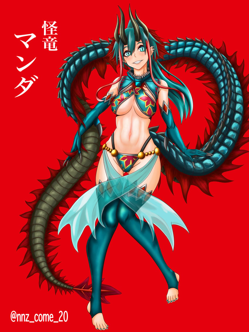 1girls 2021 blue_hair bones_(studio) gijinka godzilla_(series) godzilla_singular_point kaiju kaiju_girl manda_(kaiju) monster_girl nnz orange_(studio) red_background sea_monster source_request tagme tail toho