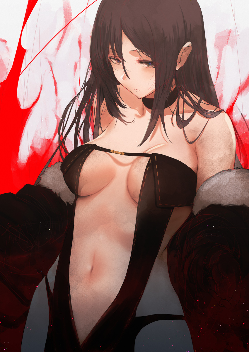 bangs bare_shoulders black_dress black_jacket breasts brown_eyes brown_hair center_opening choker clavicle closed_mouth dress extremely_large_filesize fate/grand_order fate_(series) female female fur-trimmed_jacket fur_collar fur_trim hair_between_eyes hews_hack high_resolution hips jacket large_filesize long_hair looking_at_viewer medium_breasts navel off_shoulder open_clothes open_jacket paid_reward patreon_reward revealing_clothes solo tagme very_high_resolution very_long_hair yu_miaoyi_(fate)