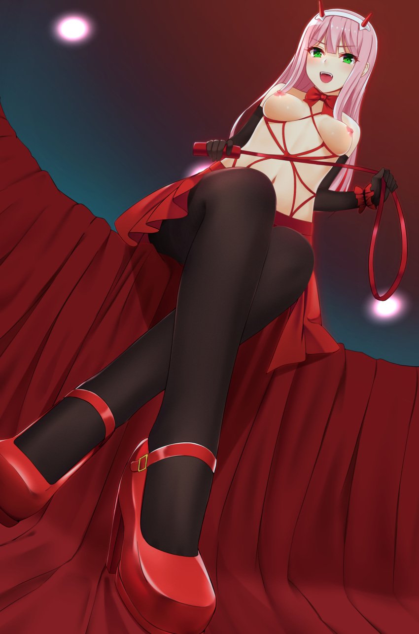 :d bad_id bad_pixiv_id bangs black_gloves black_legwear black_pantyhose blush bow breasts choker crossed_legs darling_in_the_franxx elbow_gloves eyebrows_visible_through_hair fangs female gloves green_eyes hair_between_eyes hairband high_heels high_resolution holding_whip horns large_breasts long_hair looking_at_viewer mary_janes navel nipples open-mouth_smile open_mouth pantyhose pink_hair pleated_skirt red_bow red_footwear red_heels red_high_heels red_ribbon red_shoes red_skirt ribbon ribbon_choker rko10032 rko_(a470350510) shoes sitting skirt smile solo tagme topless very_high_resolution viewed_from_below weapon whip white_hair_ornament white_hairband zero_two_(darling_in_the_franxx)