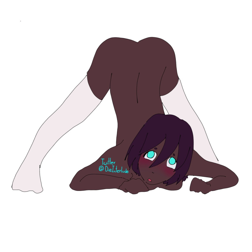 1girls armpit_hair ass blue_eyes blush dark-skinned_female dark_skin dieinterlude jackochallenge purple_hair thighhighs twitter_username watermark