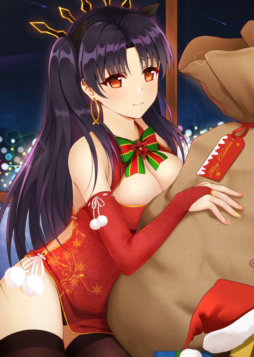 bangs bare_shoulders black_hair black_legwear black_panties black_ribbon black_thighhighs black_underwear blurry bokeh bow bowtie breasts bridal_gauntlets china_dress chinese_clothes christmas christmas_outfit cleavage closed_mouth cowboy_shot depth_of_field dress earrings fate/grand_order fate_(series) female flower fur_trim glint gloves green_neckwear hair_ornament hair_ribbon hat high_resolution hoop_earrings indoors ishtar_(fate) jewelry long_hair looking_at_viewer medium_breasts merry_christmas multicolored multicolored_nails nail_polish night night_sky pantsu parted_bangs pelvic_curtain pom_pom_(clothes) red_dress red_eyes red_flower red_gloves red_hat red_headwear red_nails ribbon rko_(a470350510) sack santa_hat shooting_star side_slit sky sleeveless sleeveless_dress smile solo star_(sky) starry_sky tagme tareme thighhighs thighs two_side_up underwear window yellow_nails