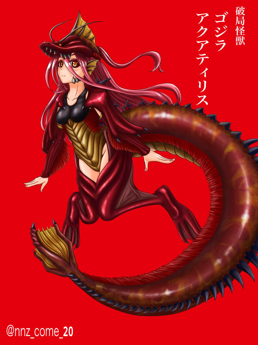 1girls 2021 bones_(studio) fins gijinka godzilla godzilla_(series) godzilla_singular_point kaiju kaiju_girl monster_girl nnz orange_(studio) pink_hair red_background sea_monster solo solo_female tagme tail titanosaurus toho