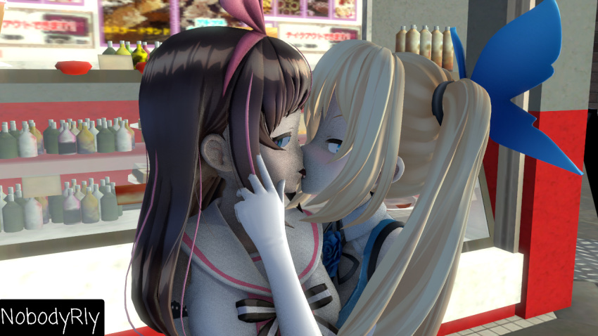 2girls 3d french_kiss kizuna_ai looking_at_viewer mirai_akari nobodyrly_(artist) sfm tongue_kiss virtual_youtuber yuri