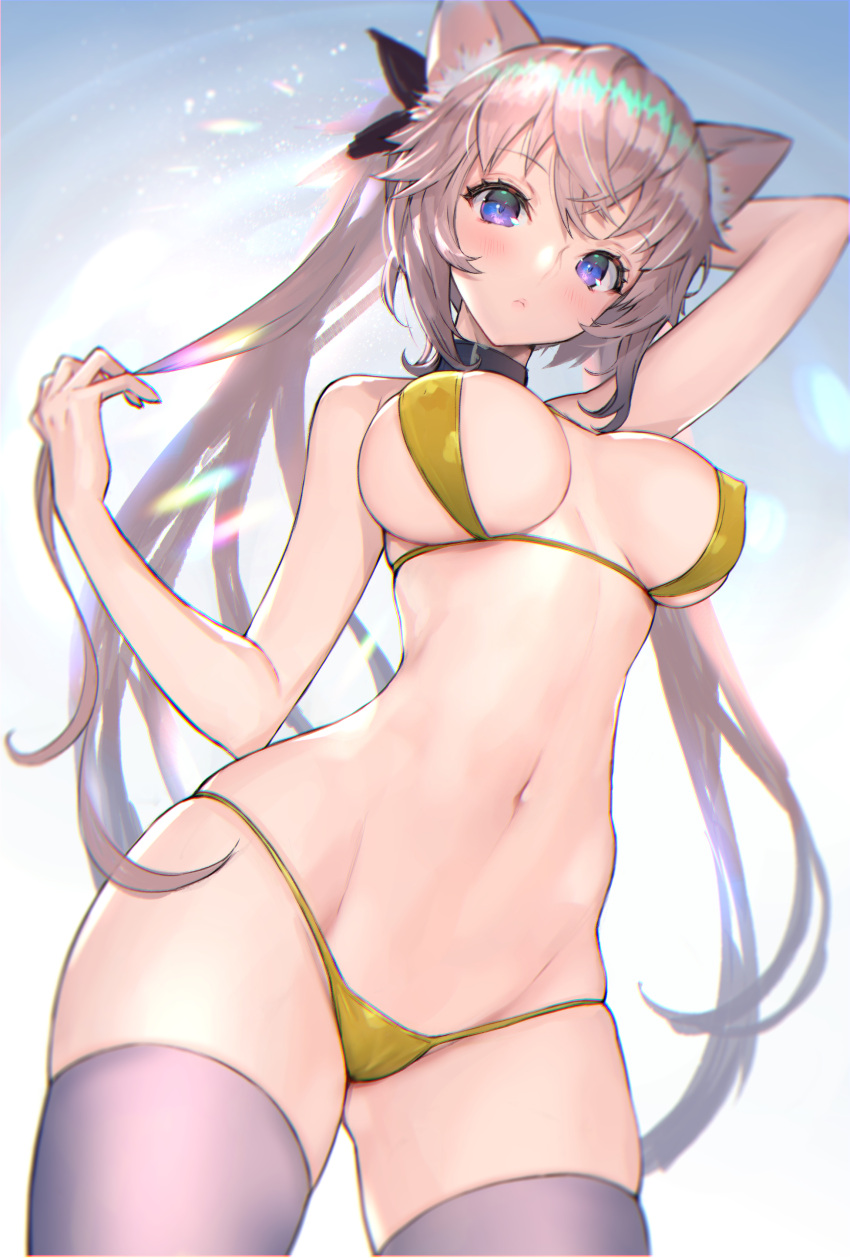 animal_ears big_breasts bikini blue_eyes blush breasts brown_hair cat_ears catgirl choker cleavage collar female female_only hitowa micro_bikini nipple_bulge original original_character pink_hair revealing_clothes skimpy skimpy_bikini stockings thick_thighs thighhighs thighs twintails