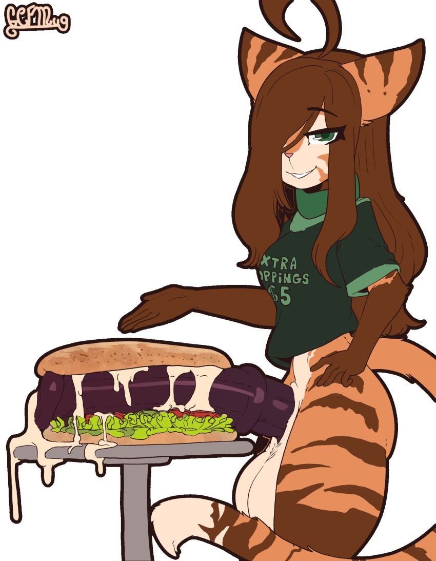 1futa ahoge animal_genitalia anthro balls breasts brown_hair clothed clothing cum_on_food erection feline food food_play furry futa_only futanari gcfmug hair_over_one_eye huge_balls huge_cock long_hair mostly_nude olivie_rosestar orange_fur original_character partially_clothed penis penis_in_sandwich sandwich side_view solo standing stripes subway_(franchise) tail