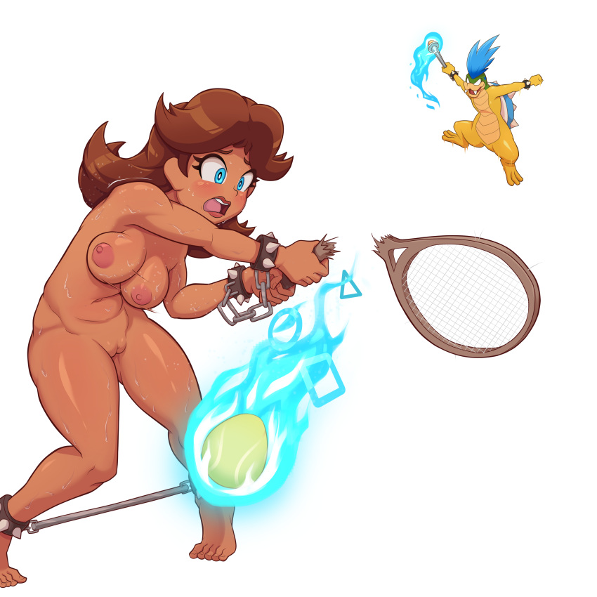 1boy 1girls breasts classic_enf_pose dark-skinned_female dark_skin embarrassed embarrassed_nude_female enf female female_focus forced_nudity human knees_together_feet_apart koopaling larry_koopa male mario_(series) mario_tennis naked nude olive_skin pigeon-toed princess_daisy pussy scopedout solo_focus spreader_bar standing tan tennis tennis_racket tiptoes white_background