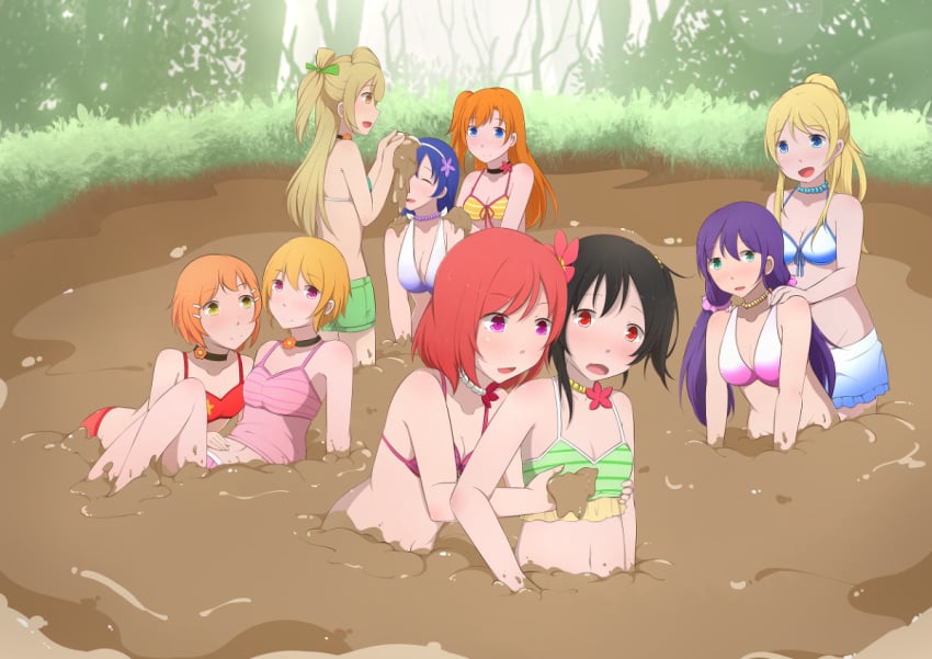 6+girls 9girls ayase_eli bikini female groping groping_from_behind hand_on_breast hoshizora_rin koizumi_hanayo kousaka_honoka love_live! love_live!_school_idol_project messy minami_kotori mud nishikino_maki quicksand sinking sonoda_umi swimsuit toujou_nozomi yazawa_nico yuri