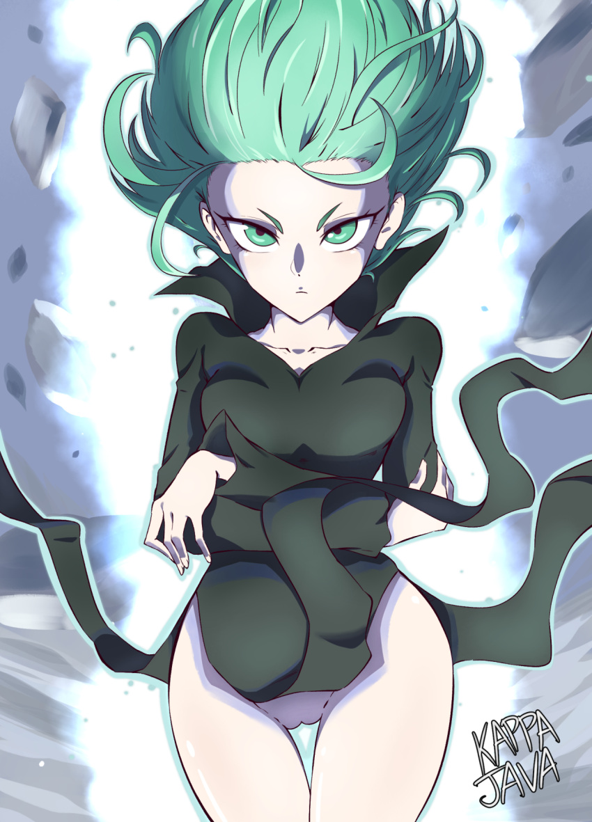 1girls bottomless breasts eye_contact female green_eyes green_hair kappajava looking_at_viewer no_panties one-punch_man pussy short_hair solo tatsumaki thick_thighs thighs