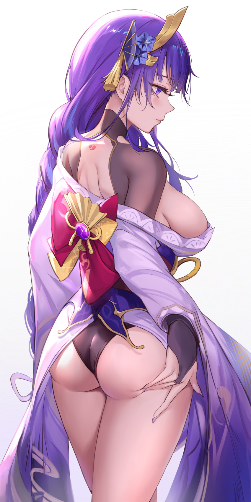 1girls ass ass_grab black_panties blush breasts female female_only genshin_impact kimono large_breasts pdxen presenting_ass raiden_shogun sideboob tattoo underwear