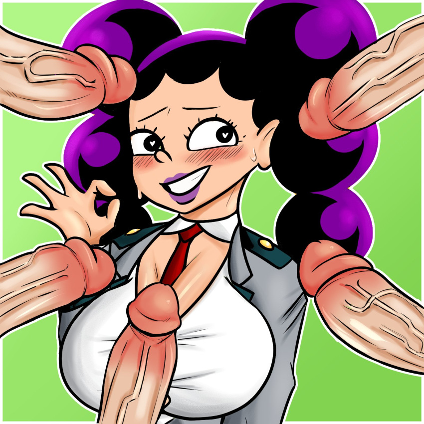 1girls 2021 5boys big_breasts big_penis blush breasts clothing female female_mineta genderswap green_background heart-shaped_pupils huge_breasts large_breasts large_penis lipstick minoru_minene minoru_mineta multiple_boys multiple_penises my_hero_academia penis purple_hair purple_lipstick rule_63 school_uniform short_hair shortstack sweat tiptupart twintails u.a._school_uniform upper_body veiny_penis white_skin