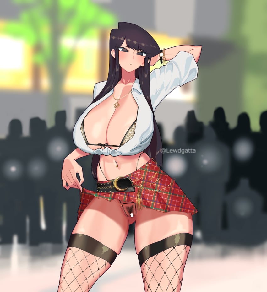 1girls arm_up blush body_writing bra breasts cheetah_print crotchless crotchless_panties fishnets highleg highleg_panties huge_breasts komi-san_wa_komyushou_desu komi_shouko large_breasts lewdgatta long_hair necklace nipples panties pubic_hair public pussy queen_of_spades revealing_clothes skirt skirt_lift solo standing thighhighs