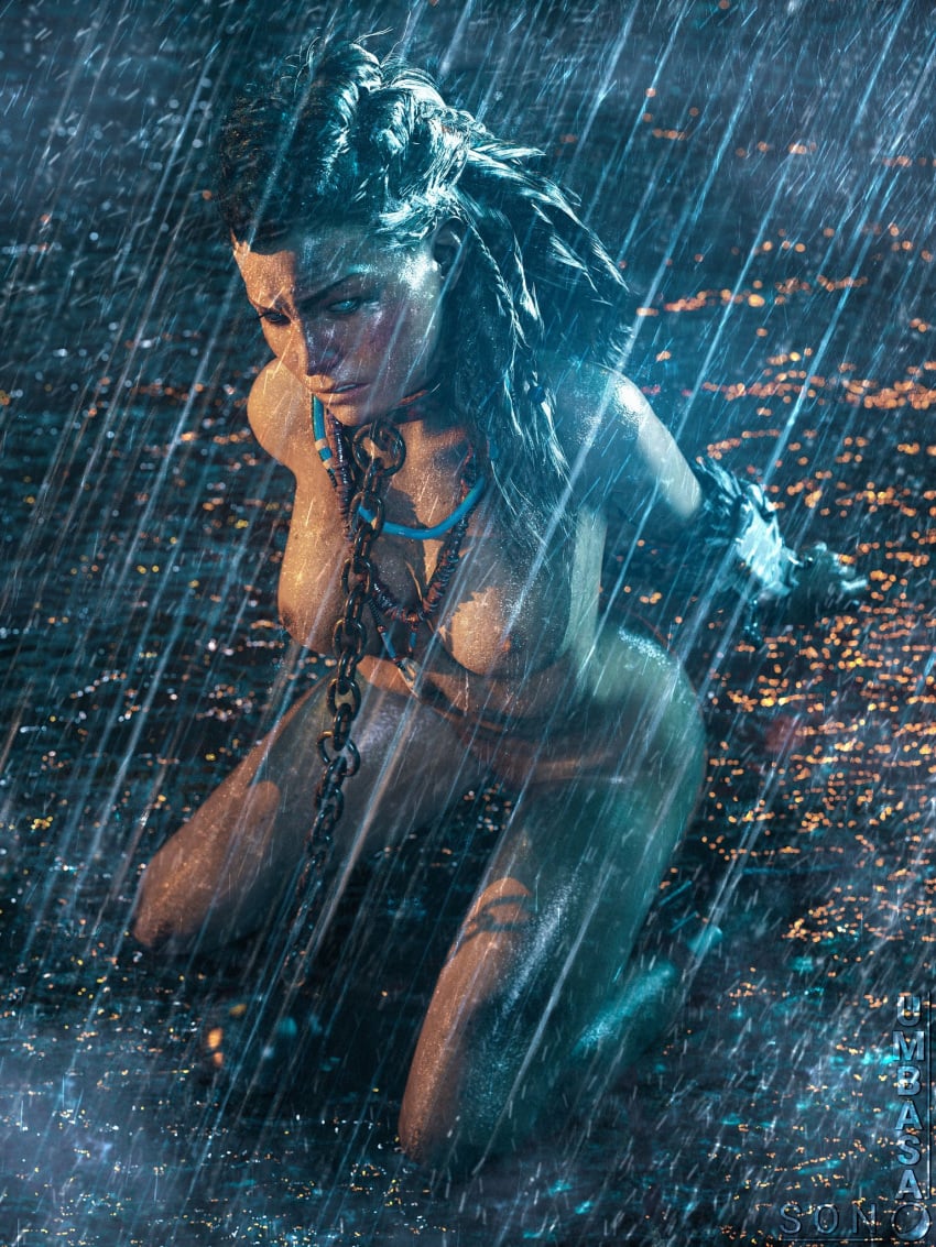 1girls 2021 3d 3d_(artwork) aloy areolae bondage breasts chains clenched_teeth collar female female_only horizon_zero_dawn kneeling nipples nude on_knees outside rain raining solo son_umbasa wet wet_skin