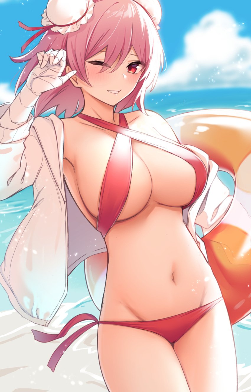 beach big_breasts bikini blush borushichi breasts kasen_ibaraki midriff navel oni pink_hair red_eyes revealing_clothes swimsuit thick_thighs thighs touhou wink