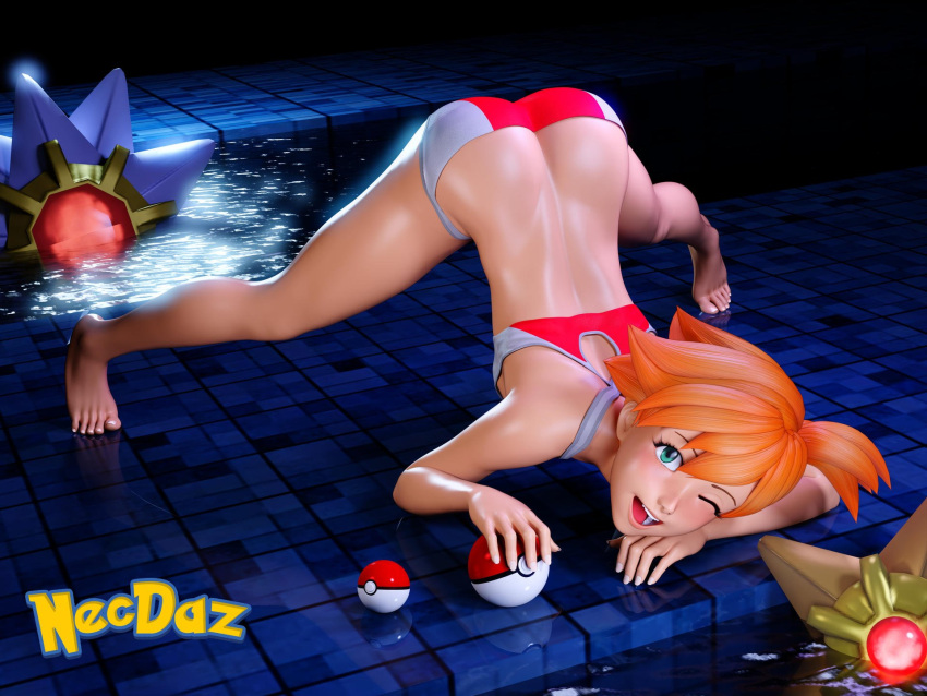 ass ass_in_air ass_up barefoot bikini blush creatures_(company) female front_view game_freak gen_1_pokemon green_eyes jack-o'_challenge jack-o_pose kasumi_(pokemon) kneepits misty_(pokemon) necdaz91 nintendo one_eye_closed orange_hair pokemon pokemon_(anime) pokemon_(classic_anime) pokemon_(species) pool pose red_hair shiny_legs shirt short_hair short_orange_hair side_ponytail side_tail solo solo_female starmie staryu water wink