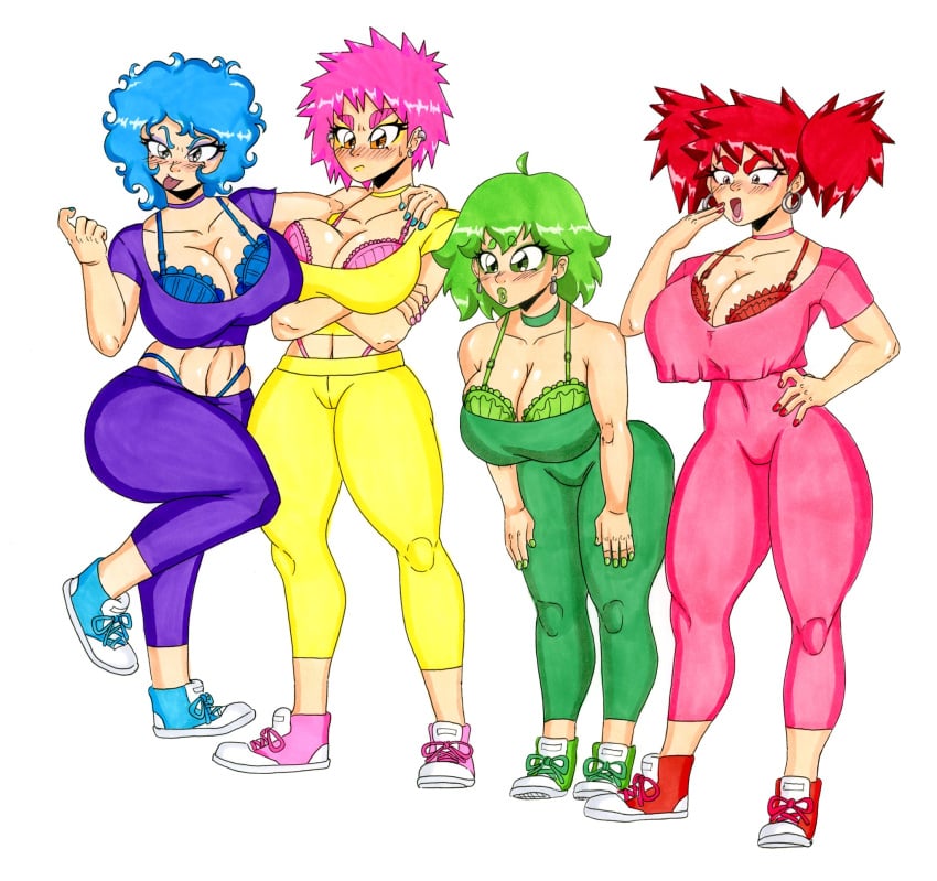 4girls big_breasts blue_hair blue_raspberry_(northernjeremiah) fruit_punch_(northernjeremiah) green_apple_(northernjeremiah) green_hair juice_girls multiple_girls northernjeremiah pink_hair pink_lemonade_(northernjeremiah) red_hair whale_tail