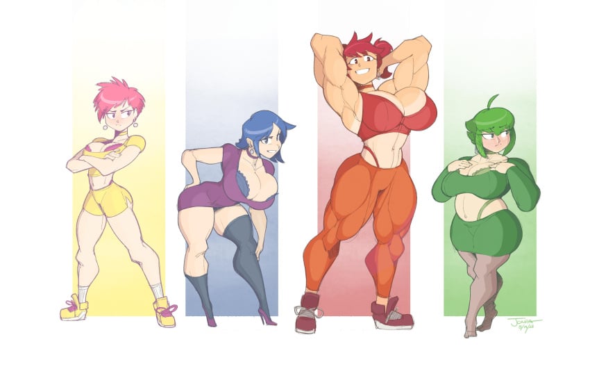 4girls bbw big_breasts blue_hair blue_raspberry_(northernjeremiah) fruit_punch_(northernjeremiah) green_apple_(northernjeremiah) green_hair jonpadraws juice_girls multiple_girls muscular muscular_female northernjeremiah pink_hair pink_lemonade_(northernjeremiah) red_hair shortstack whale_tail