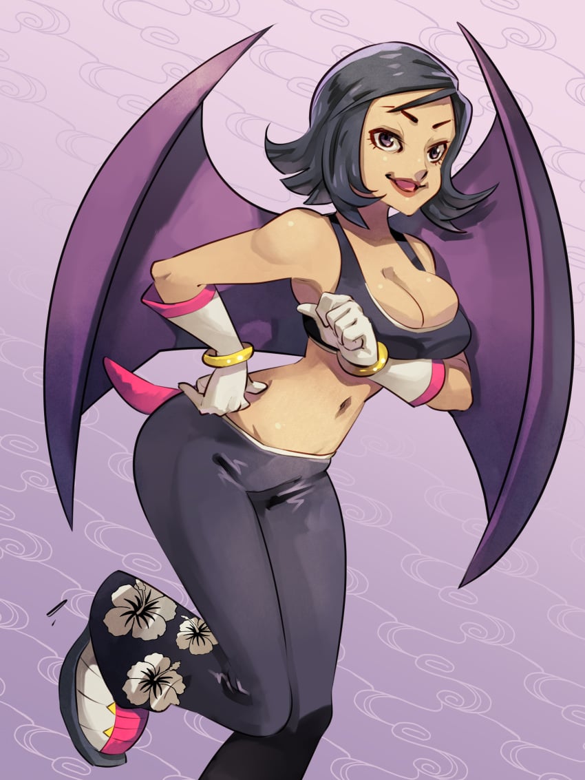 big_breasts black_hair bracelet female gloves maya_amano mostly_clothed pants persona persona_2 rafchu rouge_the_bat_(cosplay) sneakers solo solo_female sonic_(series) sonic_riders sonic_the_hedgehog_(series) sports_bra trait_connection wings