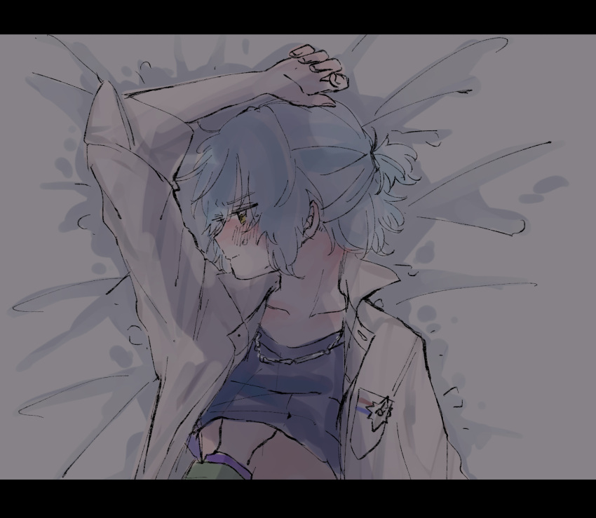 1boy adult androgynous blue_hair blush clothed hand_under_clothes jinrui_noteki laying_down laying_on_bed mahoyaku nero_turner nipple_play pinching_nipples promise_of_wizard yellow_eyes