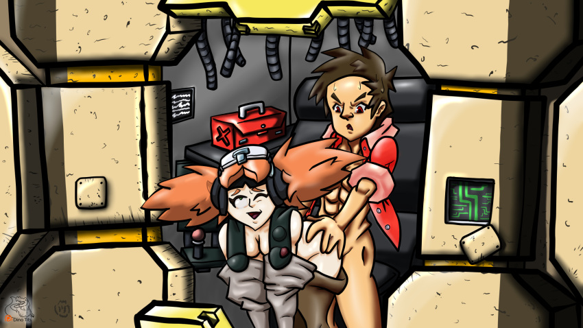 1boy 1girls advance_wars ahe_gao andy andy_(advance_wars) bottomless chair cockpit dinotits from_behind functionally_nude mecha sex straight sweat tiny_metal