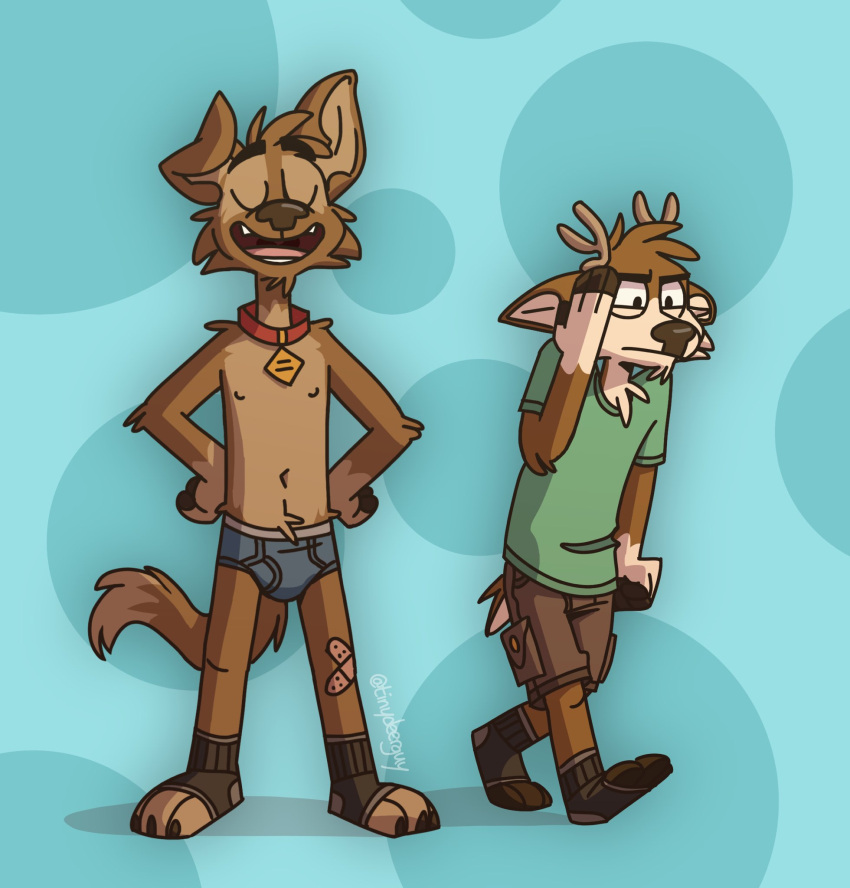 2boys angry anthro bandaid biped blue_underwear bottomwear boxer_briefs boxers boxers_(clothing) brown_fur bulge canid canine canis closed_eyes clothed darwin_(tinydeerguy) deer dog_tail ears exhibitionism floppy_ears furry happy horns long_tail male male_only matt_riskely multicolored_fur nervous nipples oc ocs original original_character partially_clothed shirt short_tail shorts socks tagme tail tinydeerguy toeless_socks underwear