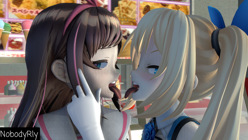 2girls 3d french_kiss kizuna_ai looking_at_viewer mirai_akari nobodyrly_(artist) saliva_trail sfm tongue_kiss virtual_youtuber yuri