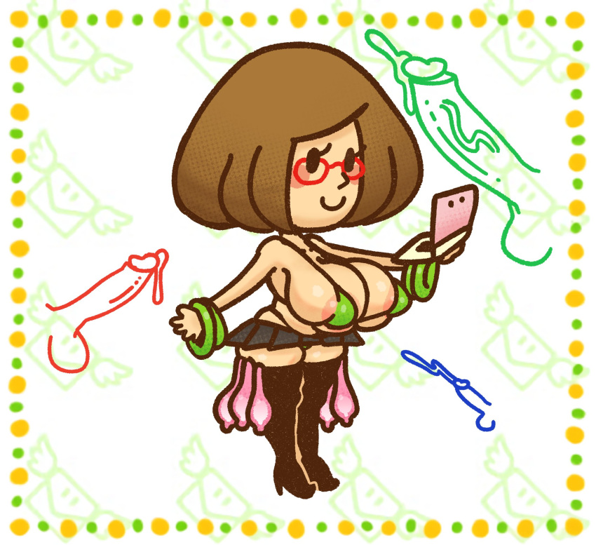 3ds bikini bikini_top bimbo blush_stickers brown_hair chibi drawing glasses huge_breasts kneehighs mob_face multiple_penises nikki_(swapnote) rings short_skirt shortstack sketch_page skitterleaf swapnote thong used_condoms