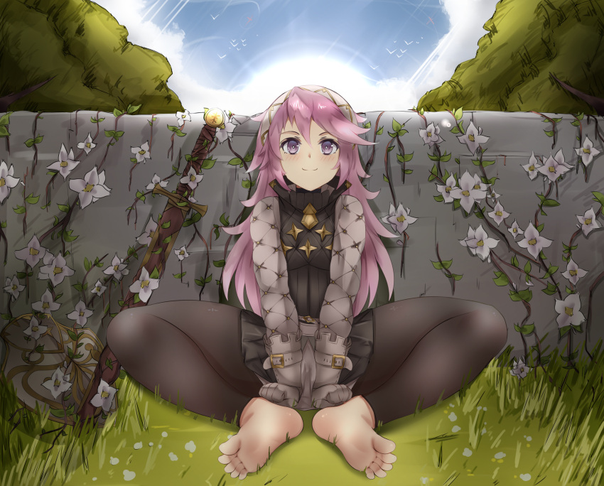 1girls barefoot day ethan_ppj_(artist) feet female female_only fire_emblem fire_emblem_fates fire_emblem_if flower human long_hair looking_at_viewer nintendo no_shoes outdoors pantyhose pink_hair purple_eyes skirt smile soleil_(fire_emblem) soles solo sword toes video_games wall weapon