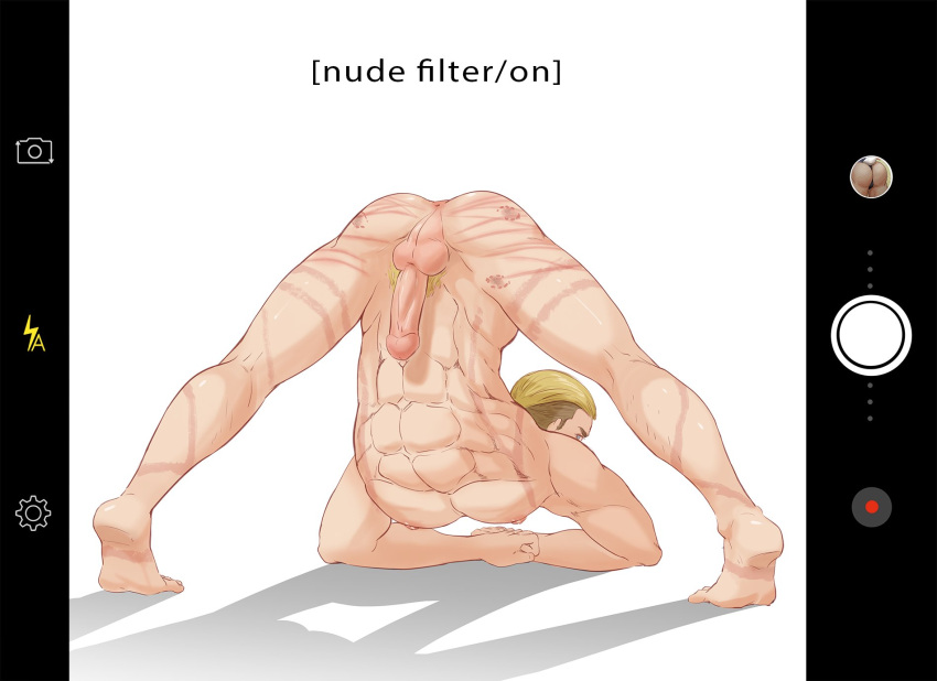 1boy abs anus ass_up attack_on_titan barefoot bite_mark blonde_hair camera_pov camera_view completely_nude erwin_smith genitals jack-o_pose jackochallenge legs_apart legs_spread male male_anus male_only muscular muscular_male nude nude_male pecs penis pubes pubic_hair shingeki_no_kyojin solo solo_male text white_background yufox