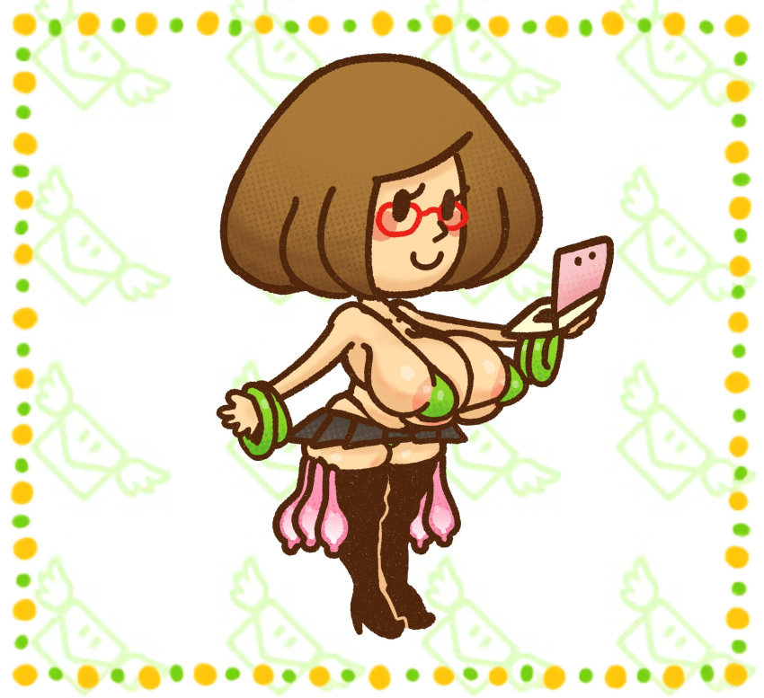 3ds bikini bikini_top bimbo blush_stickers brown_hair chibi glasses huge_breasts kneehighs mob_face nikki_(swapnote) rings short_skirt shortstack skitterleaf swapnote thong used_condoms