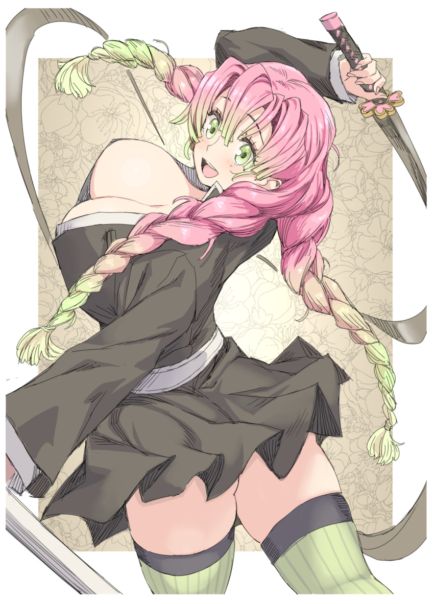 big_breasts blush bouncing_breasts braided_hair cleavage clothing demon_slayer female female_only green_eyes hoosaku kanroji_mitsuri kimetsu_no_yaiba long_hair looking_at_viewer looking_back mole_under_eye no_bra open_mouth pink_hair pleated_skirt skirt smile solo sword thick_thighs thighhighs two_tone_hair whooosaku zettai_ryouiki