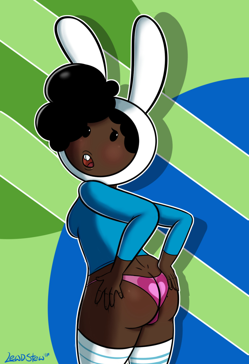 1girls 2017 adventure_time ass big_ass big_breasts black_eyes black_hair blue_shirt blush bottomless bottomless_female buckteeth bunny_hat cartoon_network cute dark-skinned_female dark_skin female female_only fionna_the_human_girl hands_on_own_ass hat human lewdstew looking_back panties pink_panties race_swap shirt stewsspicyblog stockings striped_stockings superion123 superionnsfw supesnsfw tagme thick_thighs thighs white_hat