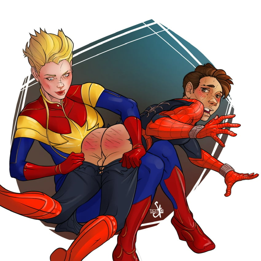 artist_request ass_visible_through_torn_clothes captain_marvel carol_danvers female femdom hetero imminent_penetration lust marvel marvel_cinematic_universe milf older_woman_and_younger_boy peter_parker spanking spider-man straight straight_hair teenager testicles