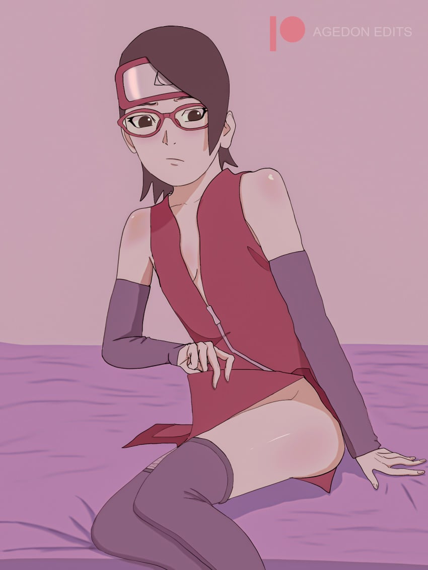 1girls agedon black_eyes black_hair boruto:_naruto_next_generations clothing embarrassed female forehead_protector glasses legs naruto naruto_(series) sarada_uchiha seductive small_breasts solo teenager young