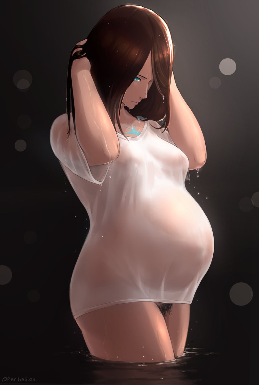 1girls blue_eyes bottomless brown_hair female female_only hands_behind_head huge_belly no_bra no_panties original original_character perihelilon pregnant pubic_hair ready_to_pop see-through_clothing solo tagme water wet wet_clothes