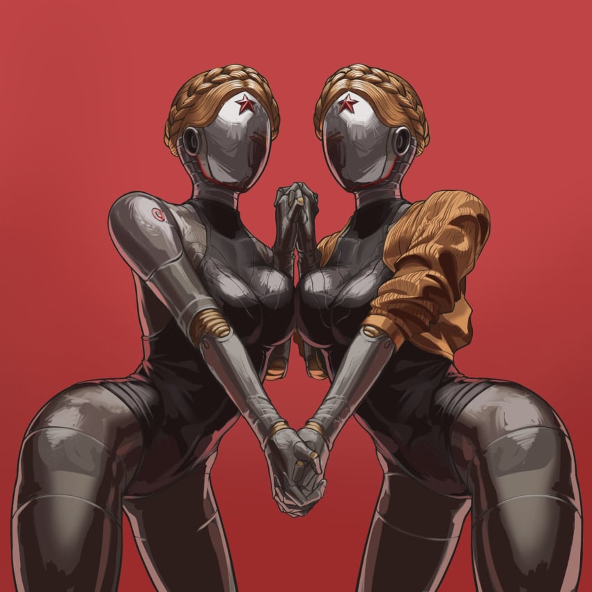 2023 2d 2d_(artwork) 2girls ass atomic_heart big_ass big_breasts big_butt big_thighs blonde_hair braided_hair breasts busty cleavage curvaceous curves curvy_body curvy_female curvy_figure curvy_hips featureless_breasts female female_focus female_only fit fit_female hair hi_res highres hips holding_hands hourglass_figure jacket large_ass large_breasts large_butt left_(atomic_heart) looking_at_viewer metallic_body mrok930208 open_jacket red_star right_(atomic_heart) robot robot_girl robot_joints robotic_arm standing the_twins_(atomic_heart) thick_thighs thighhighs thighs underboob voluptuous wide_hips yellow_jacket