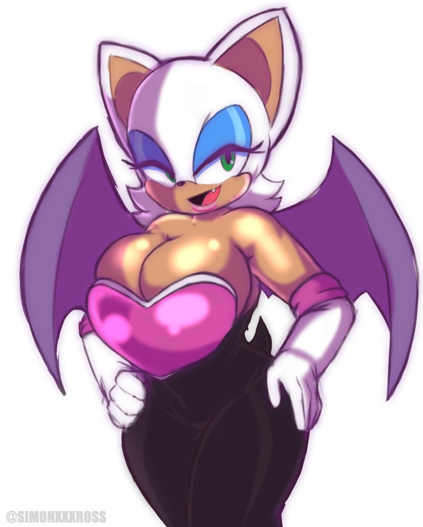 1girls 2020 anthro bat big_breasts bodysuit breasts chiropteran cleavage clothing crossnsfw female female_only gloves green_eyes hand_on_hip huge_breasts looking_at_viewer open_mouth rouge_the_bat sega simoncrips smile solo sonic_(series) thick_thighs wings