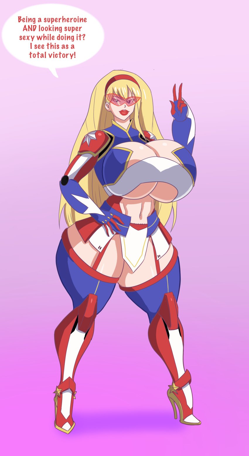 1girls american_flag american_flag_bodysuit annon armor battle_armor bimbo blonde_hair blue_eyeliner blue_eyes boob_window bubble_butt exposed_belly eyeliner eyeshadow fake_ass fake_breasts female female_only garter_belt garter_straps hairband high_heel_boots high_heels huge_ass huge_breasts kamen_america kamen_america_(series) kamen_victory kneepads lipstick long_gloves long_hair makeup mask masked masked_female miniskirt posing red-tinted_eyewear red_lipstick shoulder_pads smile smiling solo speech_bubble stockings superhero superheroine sylvia_prestige text thick_thighs thighhighs thin_waist tinted_eyewear underboob victory_sign visor white_eyeshadow wide_hips