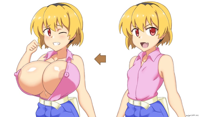 07th_expansion 1girls 2021 abridged-satoko areola_slip bare_shoulders big_breasts blonde_hair breast_expansion breasts english_text erect_nipples erect_nipples_under_clothes female female_only higurashi_no_naku_koro_ni higurashi_no_naku_koro_ni_gou houjou_satoko huge_breasts human human_only humanoid large_breasts nipples red_eyes short_hair simple_background solo solo_female text top_heavy voluptuous wardrobe_malfunction white_background