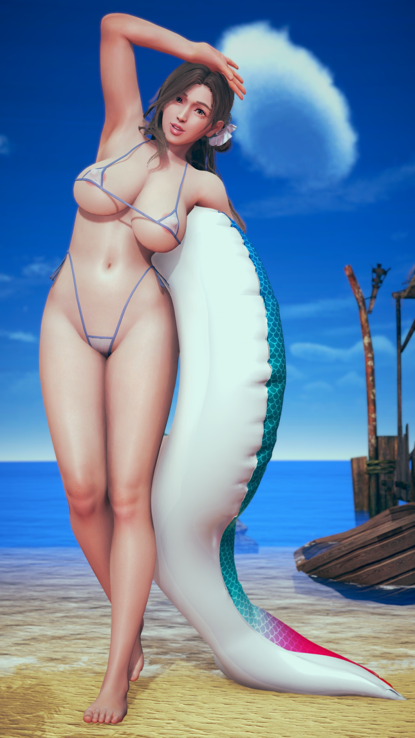 1girls 3d beach beauty_mark bikini brown_eyes brown_hair cleavage dead_or_alive dead_or_alive_xtreme_venus_vacation deep_cleavage erect_nipples huge_breasts looking_at_viewer micro_bikini reinhardt94 sayuri_(dead_or_alive) scrunchie seaside thong_bikini_bottom voluptuous white_bikini