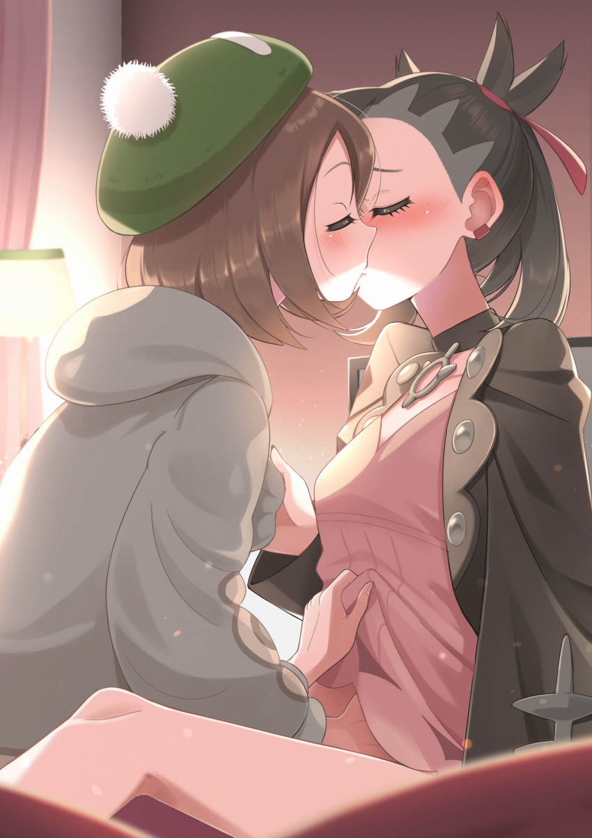 2girls bangs black_choker black_hair black_jacket blush brown_hair cardigan choker closed_eyes clothes_lift commentary_request creatures_(company) dress dress_lift earrings etyaduke eyelashes game_freak gloria_(pokemon) green_headwear grey_cardigan hair_ribbon hat highres hooded_cardigan indoors jacket jewelry kissing love marnie_(pokemon) multiple_girls nintendo open_clothes open_jacket pink_dress pokemon pokemon_(game) pokemon_ss red_ribbon ribbon romantic tam_o'_shanter wholesome yuri